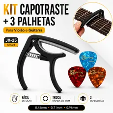 Kit Capotraste Violão Guitarra Smart JX-25 Preto + 3 Palhetas Spring Acessório Musical