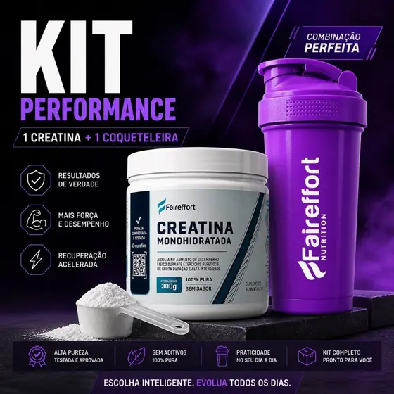 Kit Creatina + Coqueteleira Roxa Premium c/mola Faireffort