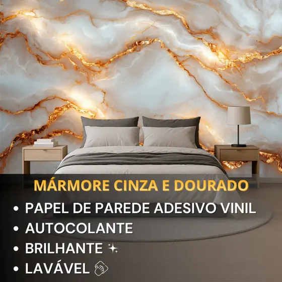Papel de Parede Para Quarto Marmore Cinza Escuro Dourado Adesivo Lavavel Escritorio Lavabo Sala 3D