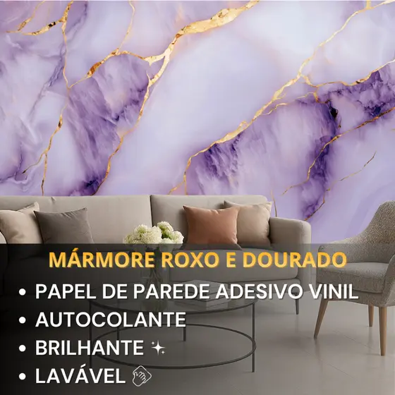 Papel De Parede Para Quarto Marmore Roxo Dourado Elegante Adesivo Lavavel Cozinha Escritorio Sala