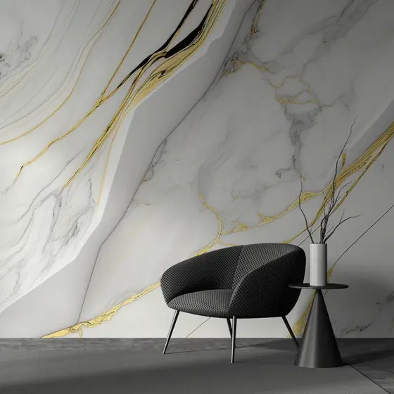 Papel de Parede Para Quarto Mármore Branco Dourado e Preto Fundo Claro Luxuoso Adesivo Lavavel