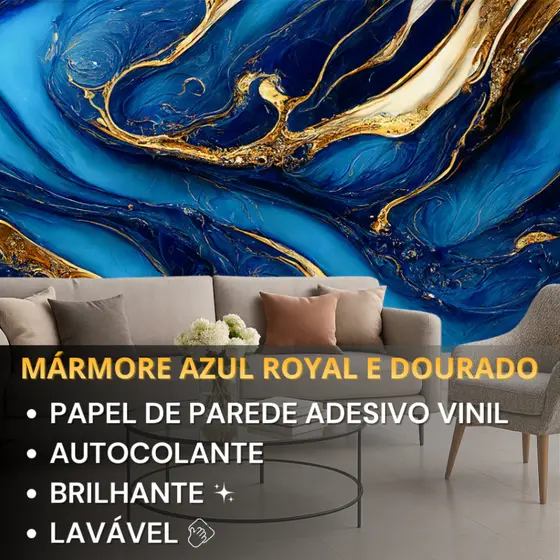 Papel de Parede Para Sala Adesivo Lavável Efeito Mármore Azul Royal com Dourado Para Quarto 3D