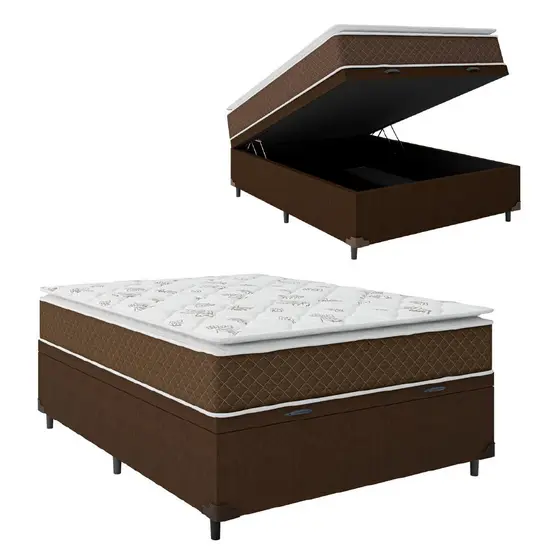 Cama Box Baú Casal Colchão Molas Ensacadas Pillow Top Martino 138x188x66cm Marrom/Branco Umaflex - S