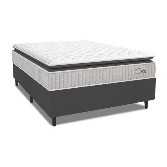 Cama Box Colchão Casal Molas Ensacadas City Pillow Top 138x188x61cm Branco / Cinza Hellen - Suporta até 110kg por Pessoa