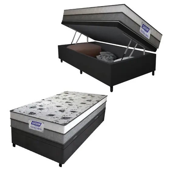 Cama Box Baú Solteiro Colchão Espuma D33 Fort 88x188x62cm Cinza / Branco Gazin  - Suporta até 150kg por Pessoa