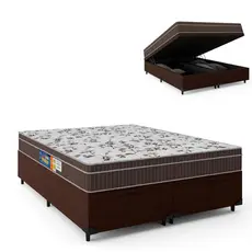 Cama Box Casal Queen Baú Colchão Espuma Orthoface Polar 158x198x66cm Branco/Marrom - Suporta Até 120kg Por Pessoa