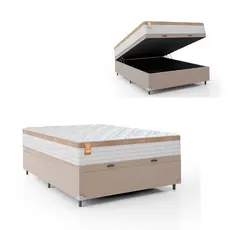 Cama Box Baú Casal Colchão Molas Ensacadas Real 138x188x68cm Branco / Bege - Suporta até 130Kg Por P