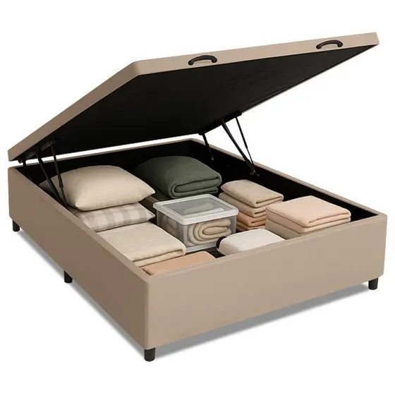 Base Cama Box Baú Casal 138x188x41cm Bege Suede Veludo Prince