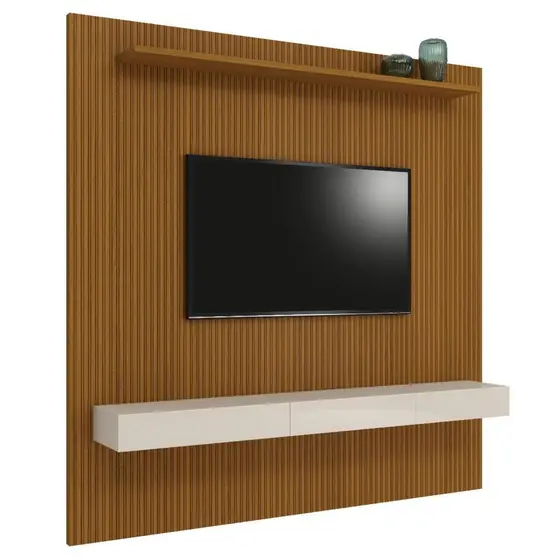 Painel  Para Tv Até 75 Polegadas Ripado Impressão 3D Egeo Com Nicho 2,25m Cedro Off White EDN