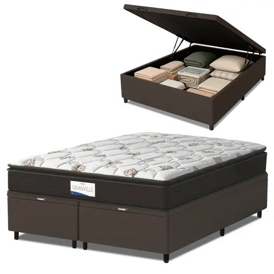Cama Box Baú Colchão Casal Queen Probel Molas Ensacadas Granville Pillow 158x198x69cm Marrom/Branco