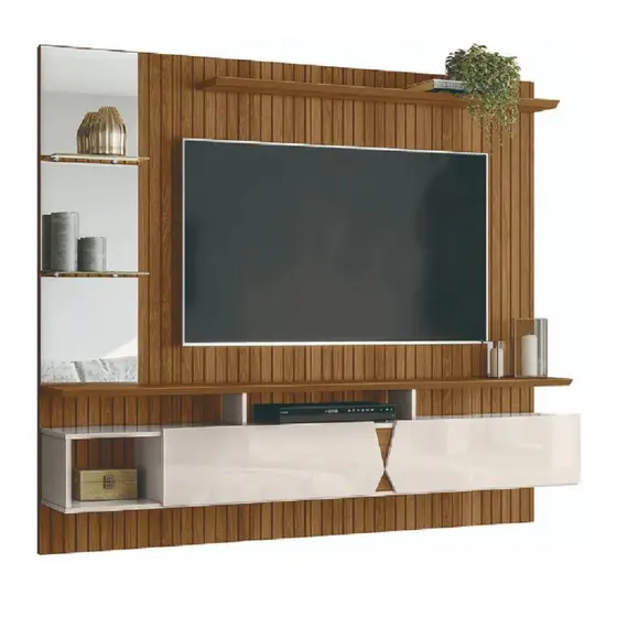 Painel para TV até 55 Polegadas com Espelho 1,83m Intense Ripado Impressão 3D Freijó/Off White Perol