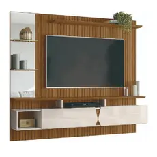 Painel para TV até 55 Polegadas com Espelho 1,83m Intense Ripado Impressão 3D Freijó/Off White Perol