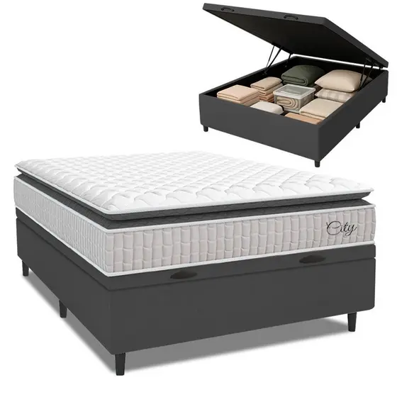 Cama Box Baú Colchão Casal Molas Ensacadas City Pillow Top 138x188x64cm Branco / Cinza Hellen