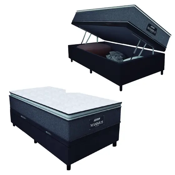 Cama Box Baú Solteiro Colchão Molas Ensacadas Pillow Top Maximus 88x188x69cm Cinza / Preto Gazin