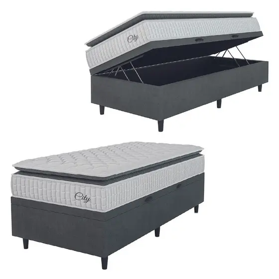 Cama Box Baú Colchão Solteiro Molas Ensacadas City Pillow Top 88x188x64cm Branco / Cinza Hellen