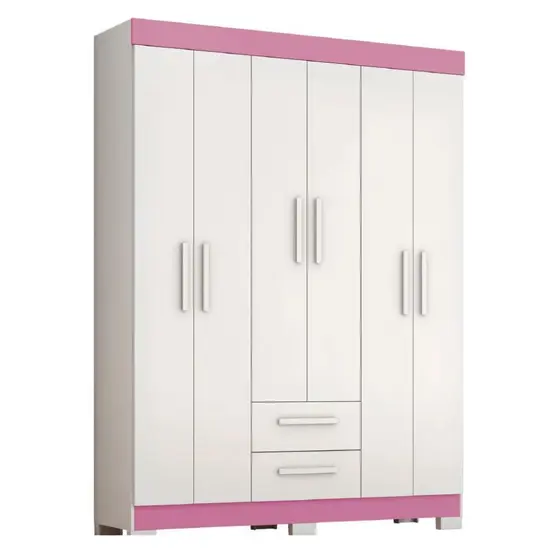 Guarda Roupas Casal Juvenil 6 Portas 2 Gavetas Líbano Branco / Rosa Notável