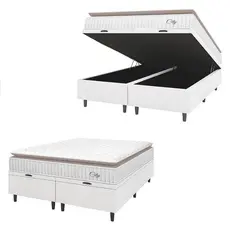 Cama Box Colchão Baú Casal Queen Molas Ensacadas City Pillow Top 158x198x64cm Branco / Bege Hellen