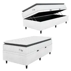 Cama Box Baú Colchão Solteiro Molas Ensacadas City Pillow Top 88x188x64cm Branco/Preto Hellen