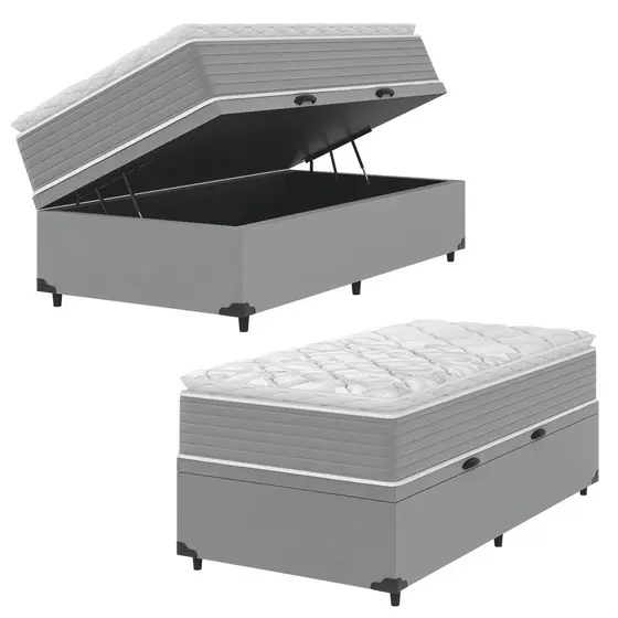 Cama Box Baú Solteiro Molas Ensacadas Pillow Top 88x188x66cm Martino Cinza Umaflex