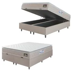 Cama Box Baú Casal Queen Colchão Espuma D33 Pillow Top Millenium 158x198x60cm Suede Bege/Branco