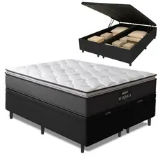 Cama Box Baú Casal Queen Colchão Molas Ensacadas Pillow Top Maximus 158x198x65cm Cinza / Preto Gazin