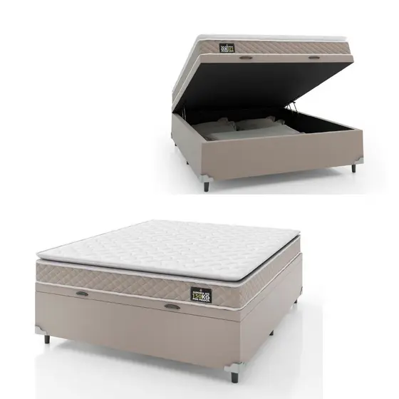 Cama Box Baú Casal Colchão D45 com Pillow Top Hellen Strong Bege 138x188x65cm Suporta até 150kg 
