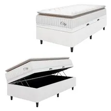 Cama Box Baú Colchão Solteiro Molas Ensacadas City Pillow Top 88x188x64cm Branco / Bege Hellen