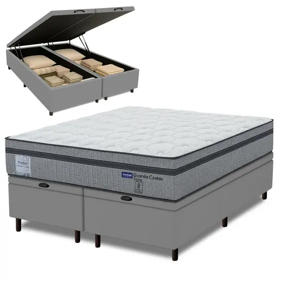 Cama Box Baú King Probel Molas Ensacadas Euro In 193x203x71cm Guarda Costas Stone Branco/Cinza
