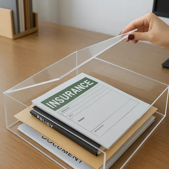 Caixa organizadora acrílica multiuso tamanho p/folha A4 com tampa flip articulável - Resistente 3mm - 33X23X5CM
