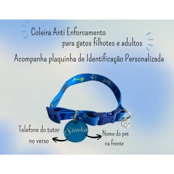 COLEIRA PARA GATOS ANTI ENFORCAMENTO ELASTICA COM PLAQUINHA DE IDENTIFICAÇÃO