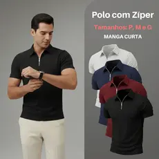 Camiseta Polo Com Ziper Manga Curta Canelada Camisa Básica Malha