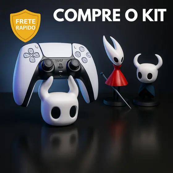 Kit Hollow Knight: Suporte de Controle + 2 Bonecos (Hornet e Knight) – PS5/PS4/Xbox/Switch/PC