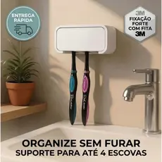 Porta Escovas de Dente Parede Fixação Sem Furo Suporte Para até 4 Escovas com Fita Dupla Face Forte