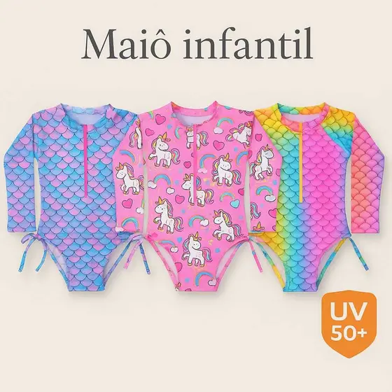 Maiô Natação Infantil Biquíni Manga longa Proteção Solar Uv