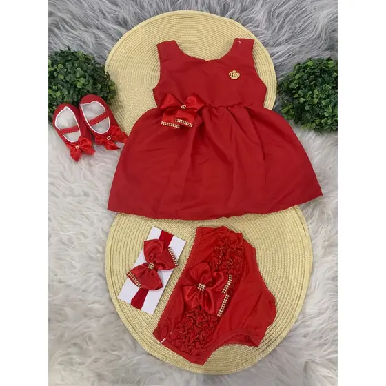 Vestido + Calcinha Bunda Rica+ Sapatinho e Laço Baby, para Bebê