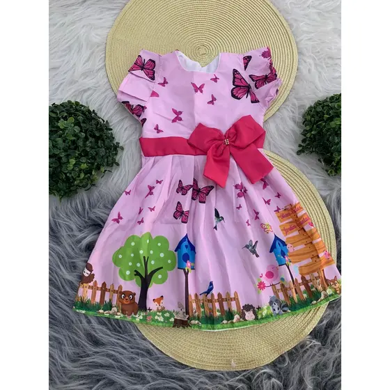 Vestido Jardim Encantado Infantil, Floresta Encantada com Borboletas e Pássaros