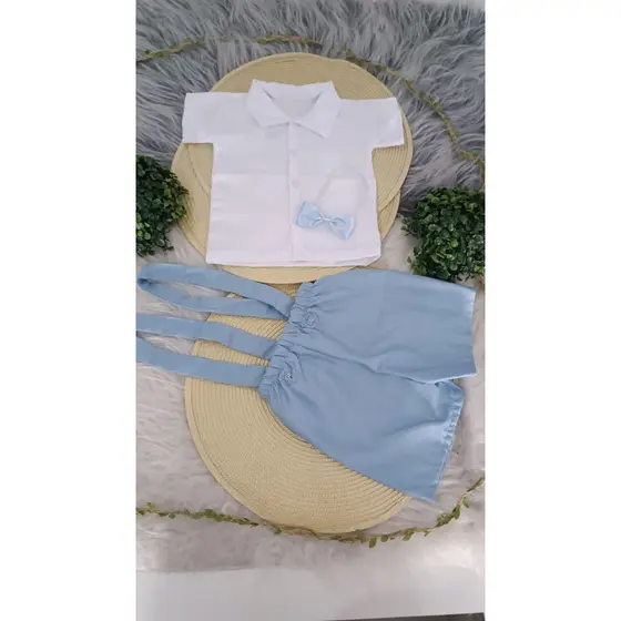 Conjunto Suspensório Infantil Azul Camisa Branca