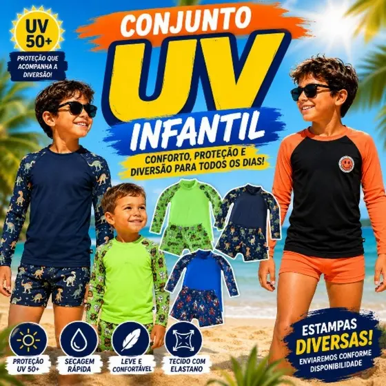 Conjunto Infantil Menino Camisa UV Manga Longa + Sunga Boxer Praia Piscina Verão Proteção Solar Roupa de Banho Infantil