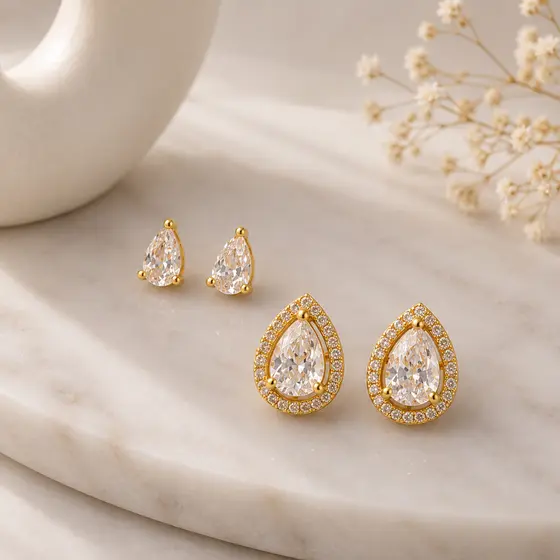 Brinco Gota Cravejada Zircônias Feminino Dupla Banho Ouro 18k Banho Ródio Dourado Prata Pequeno