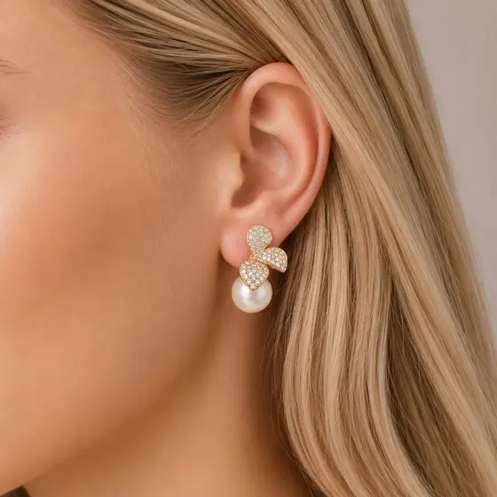 Brinco Pérola Cravejado Zircônias Banho Ouro 18k Banho Ródio Feminino Casamento Noivado Festa