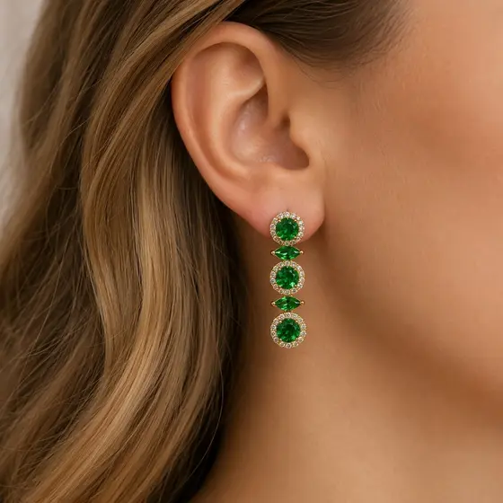 Brinco Festa Ponto De Luz Redondo Navete Banho Ouro 18k Banho Ródio Feminino Verde Amarelo