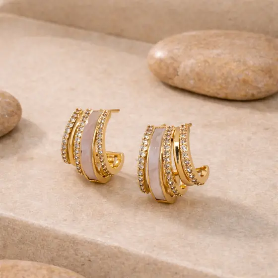 Brinco Argola Cravejada Zircônias Cinco Vias Banho Ouro 18k Banho Ródio Feminino