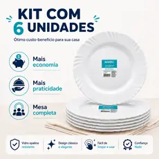 Kit 6 Pratos Rasos Nadir Opaline Branco Vidro Temperado Refeição Almoço Jantar Mesa Posta