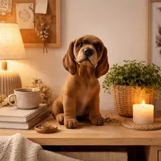 Escultura Decorativa Cachorro Flocado Realista 25cm Casa Marrom