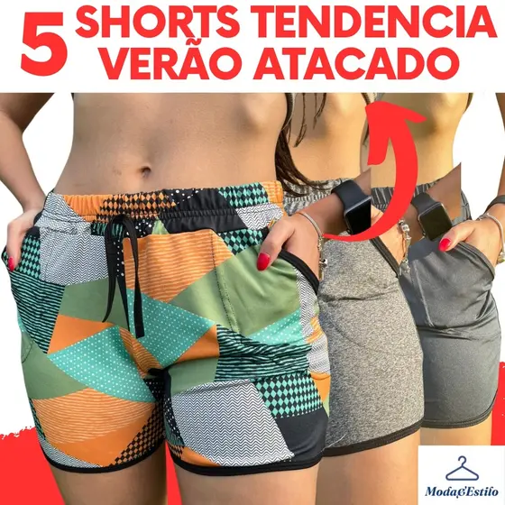 Kit 5 Shortinhos Femininos Moda Verão Soltos Confortáveis com Bolsos Laterais