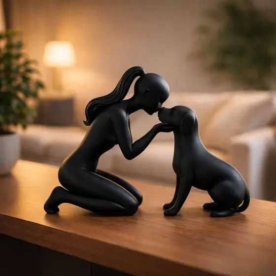 Escultura Decorativa Mulher e Cachorro Amor Pet Estátua Moderna Decoração Sala Casa Presente