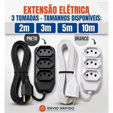 Extensão Elétrica 2, 3, 5, 10 Metros Branca e Preto Extensão Tomadas Compacta
