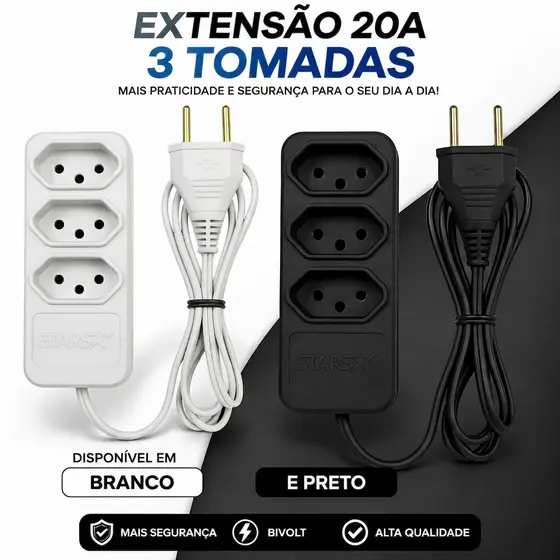 Extensão Elétrica 20A Bivolt Fio Reforçado 1m 2m 3m