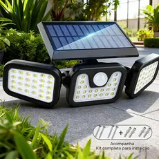 Refletor Grande de 122Led com Painel Solar Giratório Sensor de Movimento