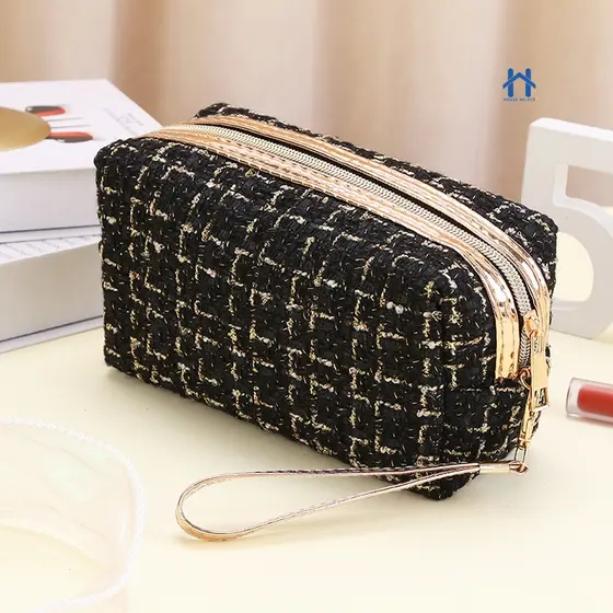Estojo Necessaire Bolsa de Maquiagem Tweed com Alça  –  Compacta e Versátil Para Viagem ou Dia a Dia